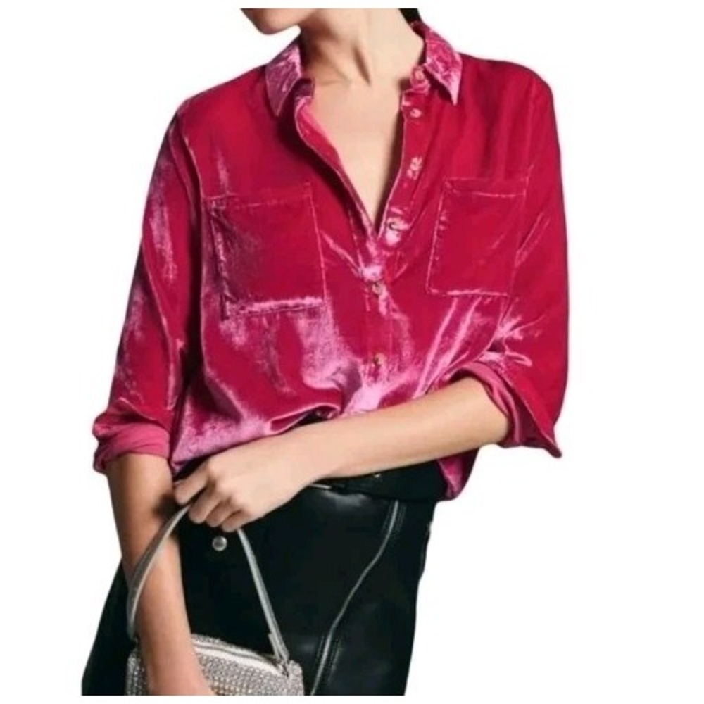 Anthropologie Pilcro Women Relaxed Velvet Shirt 6 Pink Button Down Casual